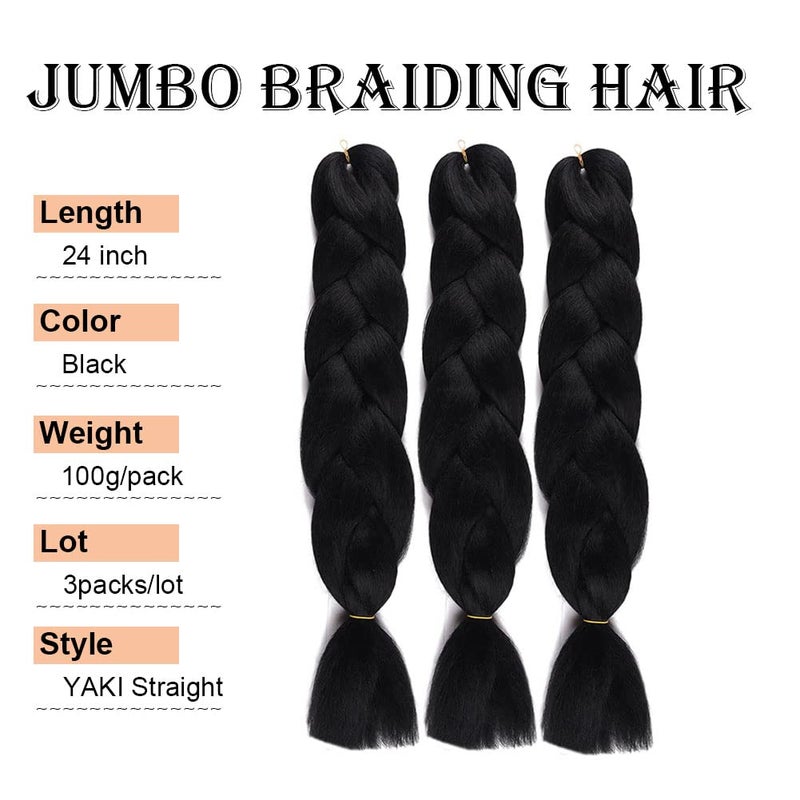 wome Black Jumbo Braiding Hair Extensions 24 Inch Crochet Braiding Hair 3 Packs Twist Crochet Braids Hair Extension for Women High Temperature Synthetic Hair Boxes Braids (Black 1b#,24",100g/Pcs) - Image 3